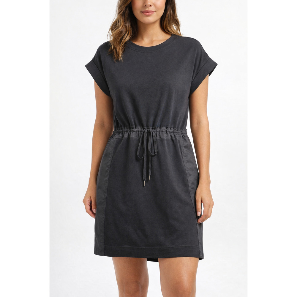Jodifl Black Drawstring Waist Mini Womens Medium Cap Sleeve Casual Dress Pockets